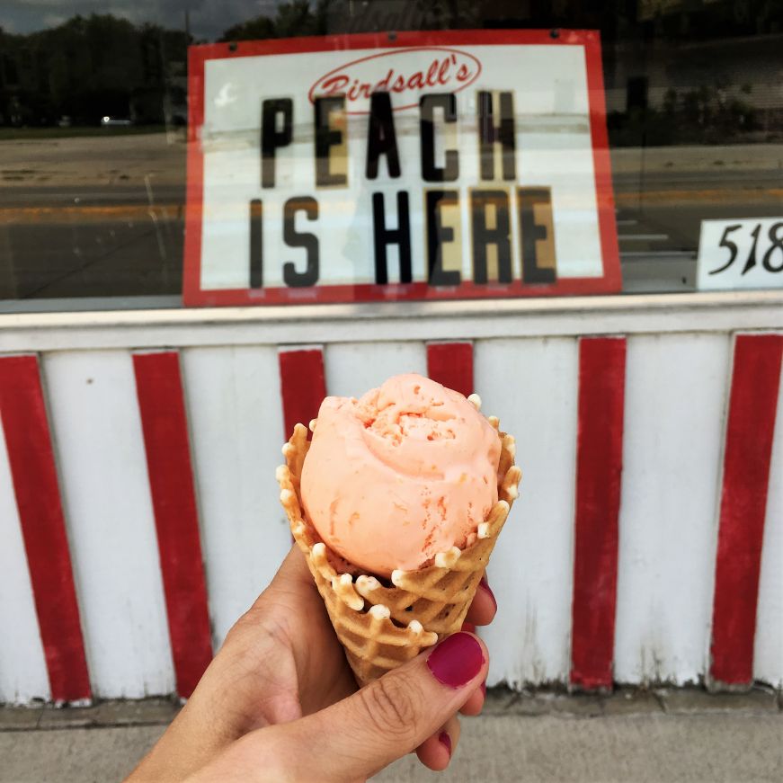 Peach ice cream cone, Birdsall's, Mason City