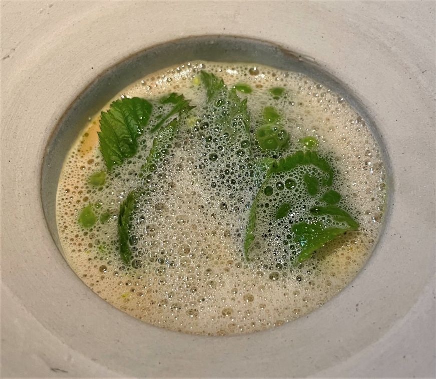 Bowl filled a frothy yellow broth and mint leaves