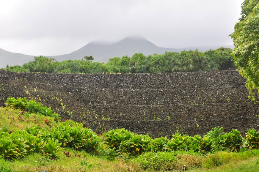 Large stepped platform structure made from closely fitting black rocks