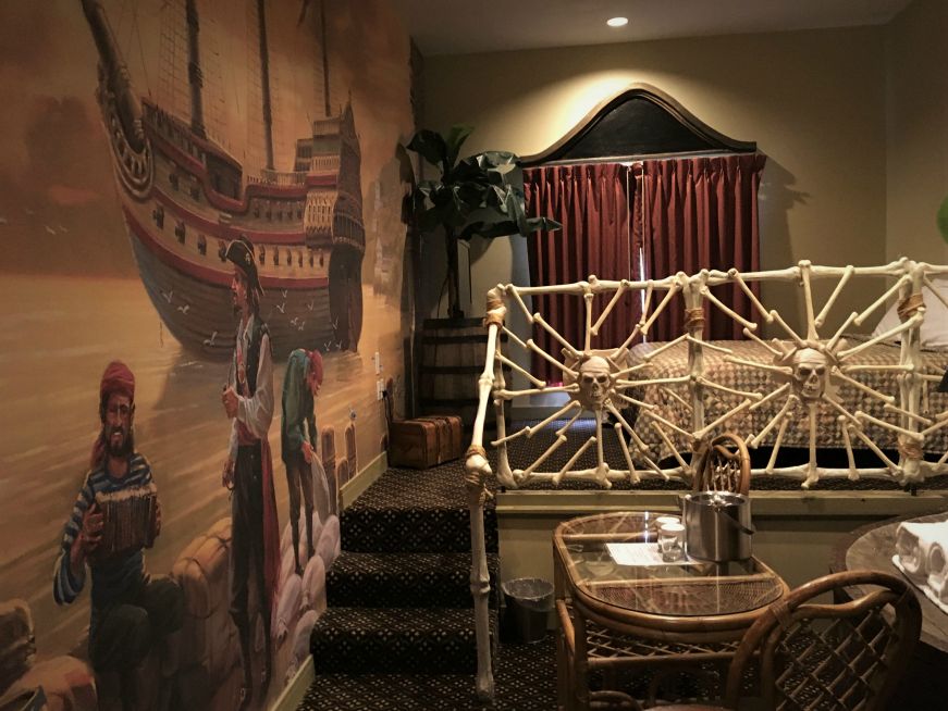 Faux skeleton railing in Pirate's Cove room, Chateau Avalon, Kansas City, Kansas