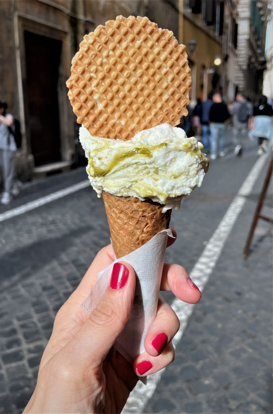 Pistachio ricotta gelato from Mastro Cono, Rome Cone with scoop of pistachio ricotta gelato