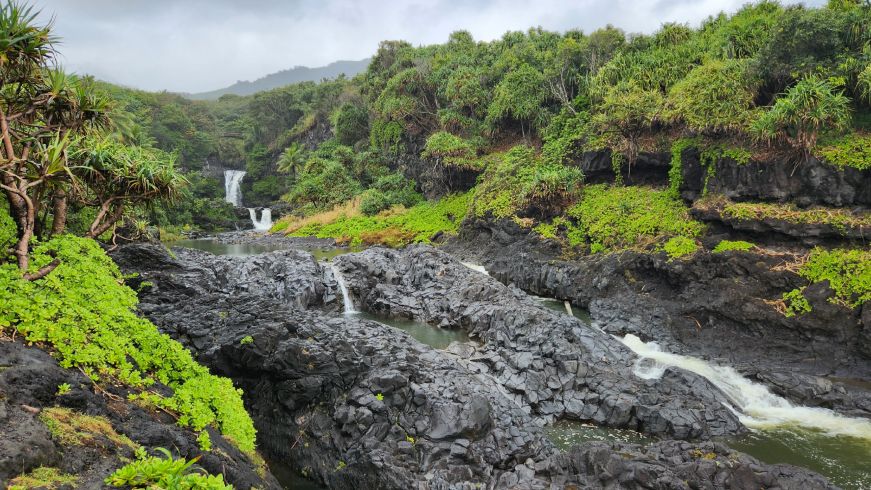 Series of cascading pools and waterfalls on black lava rock surrounded by a lush rainforest