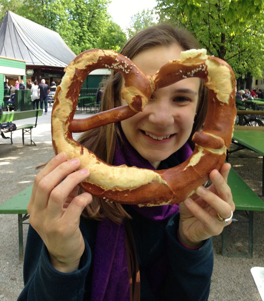 Me and a giant pretzel at the Chinese Tower Beer Garden