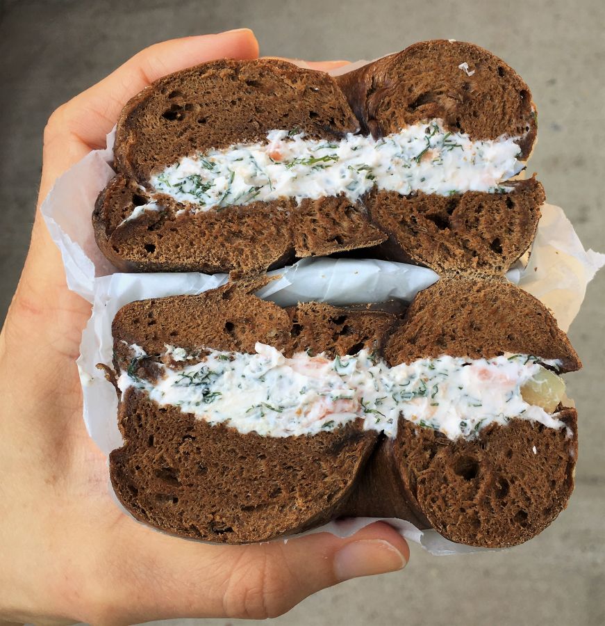 Pumpernickel bagel with salmon & dill cream cheese, Olde Brooklyn Bagel Shoppe