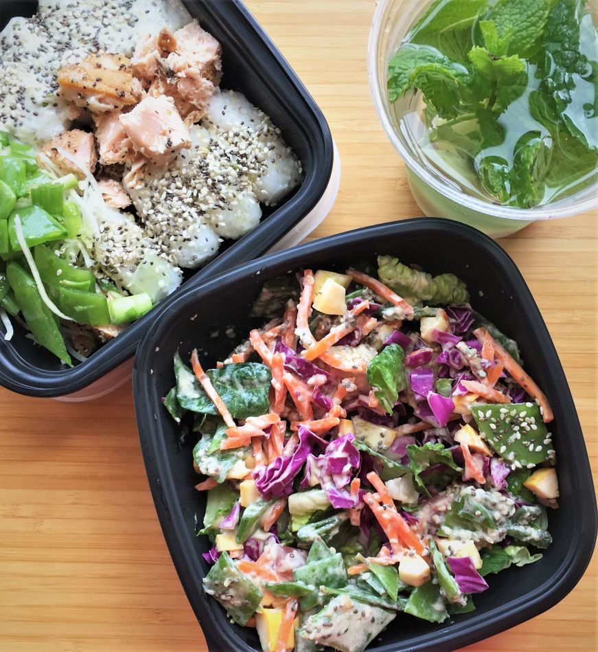 Ahi tuna bowl, rice balls with salmon, and ginger mint water, Quarks American Bento, St. Cloud