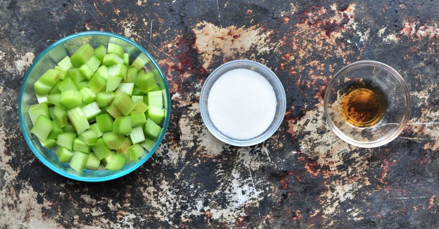 Rhubarb filling ingredients on a baking sheet