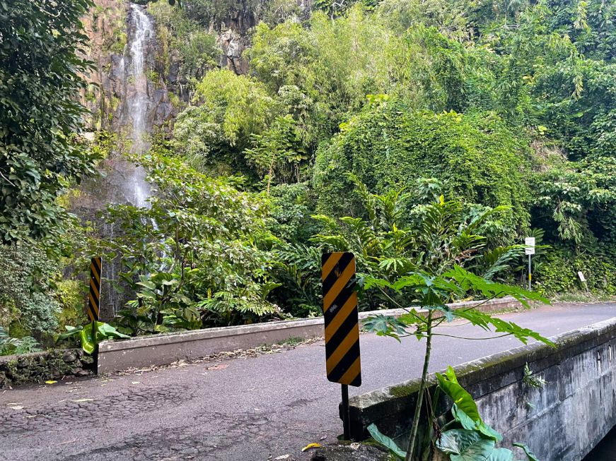 One lane bridge with a rainforest and waterfall in the background