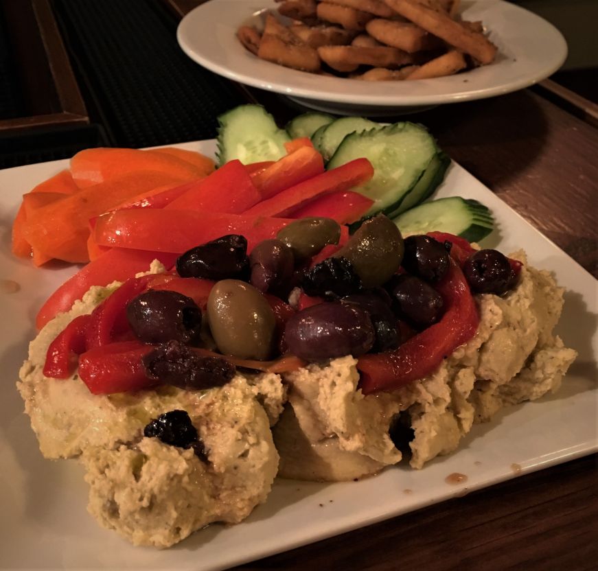 Roasted red pepper and olive hummus plate, 1910 Lounge, Mason City