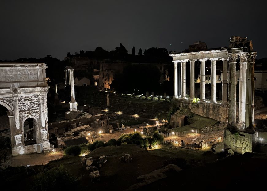 Columns and ruins dramatically illuminated