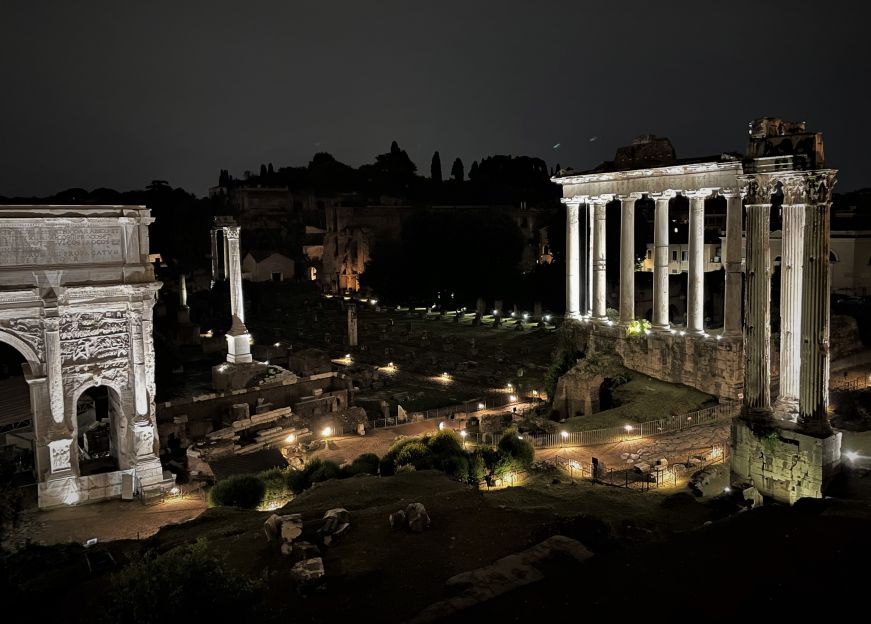 Roman Forum Columns and ruins dramatically illuminated