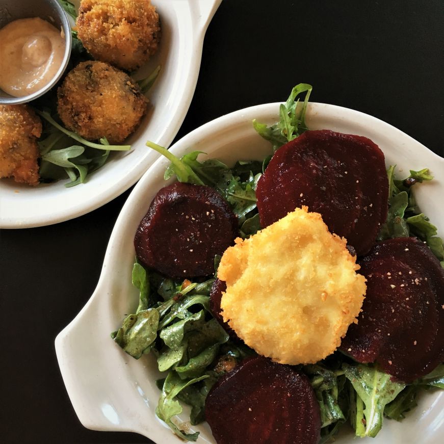 Salmon croquettes and beet salad, Crane and Pelican, LeClaire