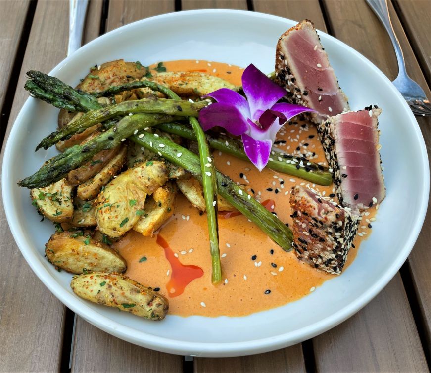 Sesame crusted ahi, Lake and Irving Sesame crusted ahi tuna with potatoes and asparagus