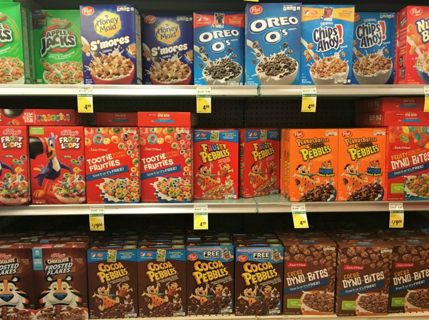 Grocery store shelves with dozens of boxes of breakfast cereal, Hawaii