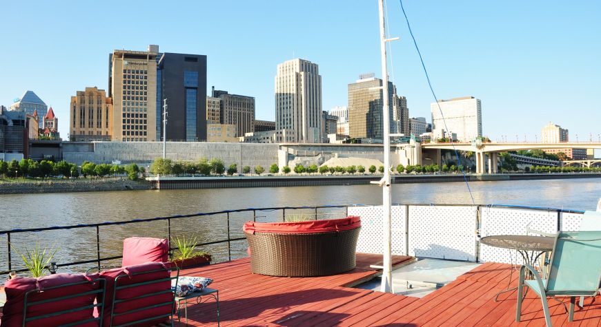 View of St. Paul skyline from the top deck of a boat, Covington Inn, St. Paul, Minnesota