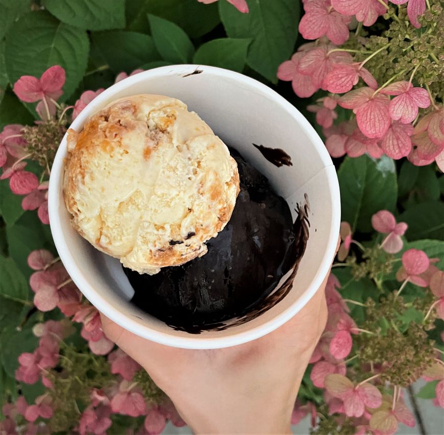 Hand holding a cup with scoops of Smoked Peach Crisp and Gimme S'more ice cream