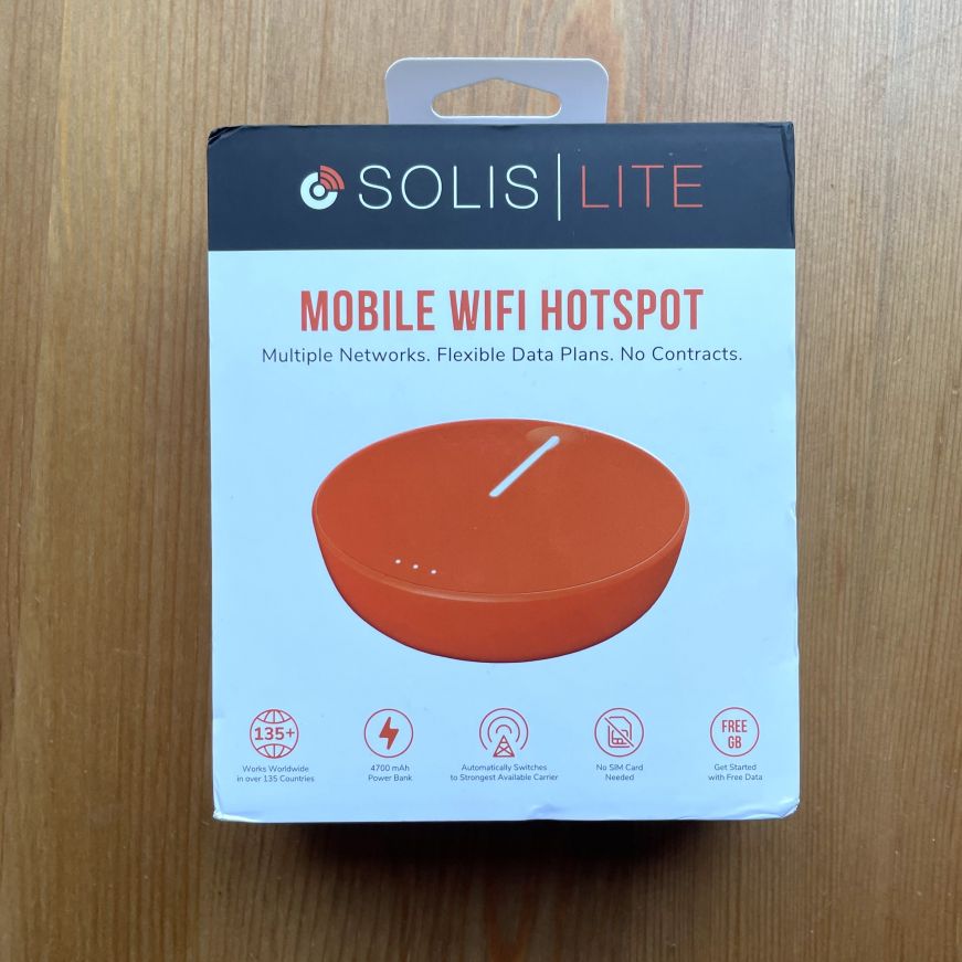 Solis Lite Hotspot & Power Bank Box with a photo of an orange hotspot on the front