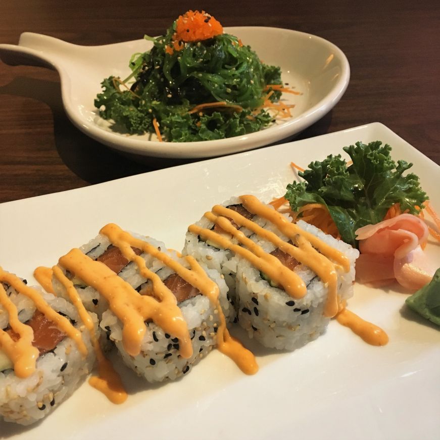 Spicy salmon roll and seaweed salad, Thai Bistro, Mason City