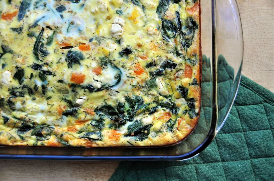 Spinach and Feta Egg Bake with potholder