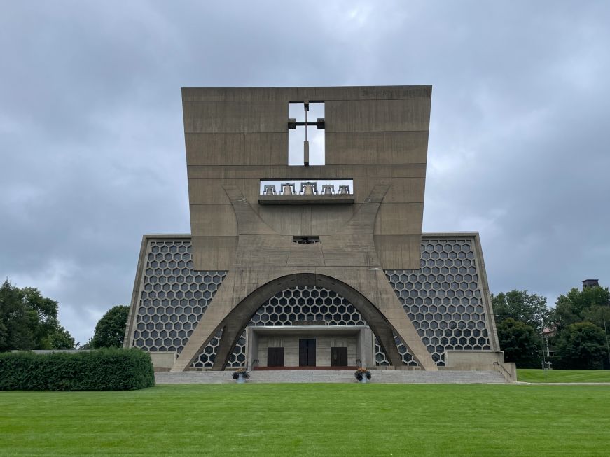 Modern church building with a bell tower