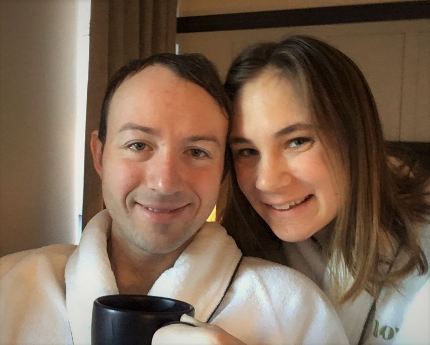 Mike and Stacy in bathrobes, Lora Hotel, Stillwater, Minnesota