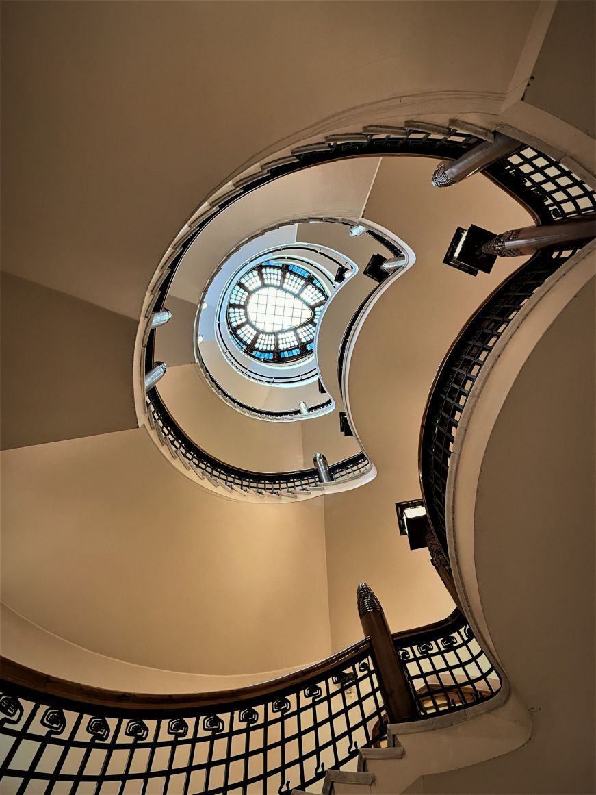 View from the bottom of a spiral staircase