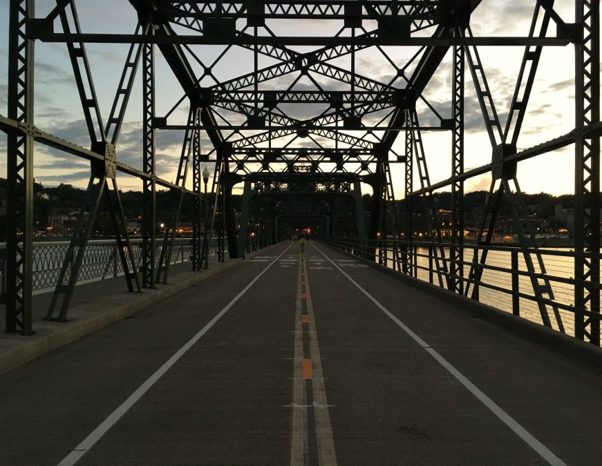View down the center of the Stillwater Lift Bridge at dusk