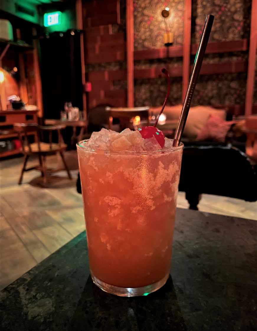 Stranger Things, Back Bar at Young Joni Pink cocktail topped with crushed ice