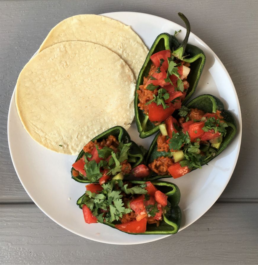 Plate with tortillas and two poblano pepper halves filled with rice and pico de gallo