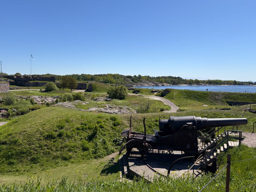 Cannon with a sprawling fortress complex in the background