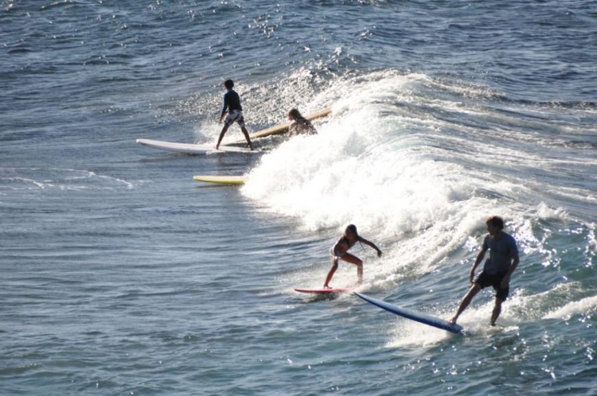 Surfers riding a wave