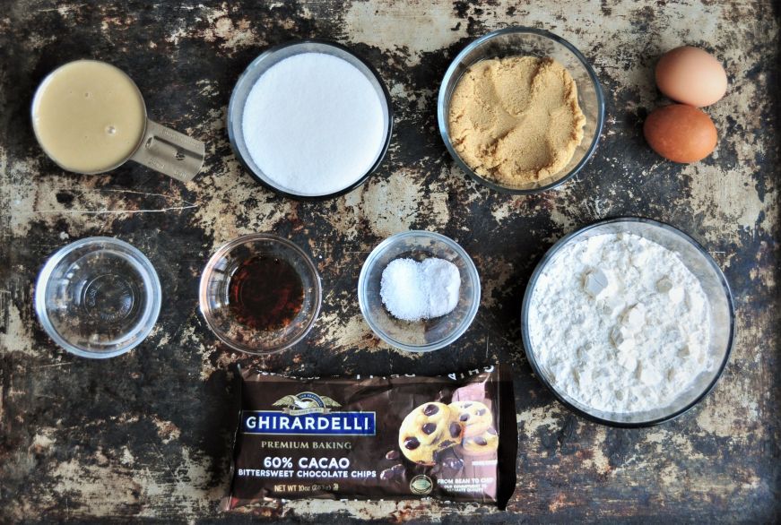 Tahini chocolate chip cookies ingredients arranged on baking sheet