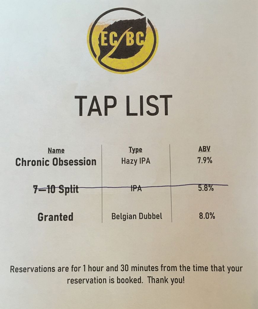 Paper printed with tap list at Elm Creek Brewing Co.