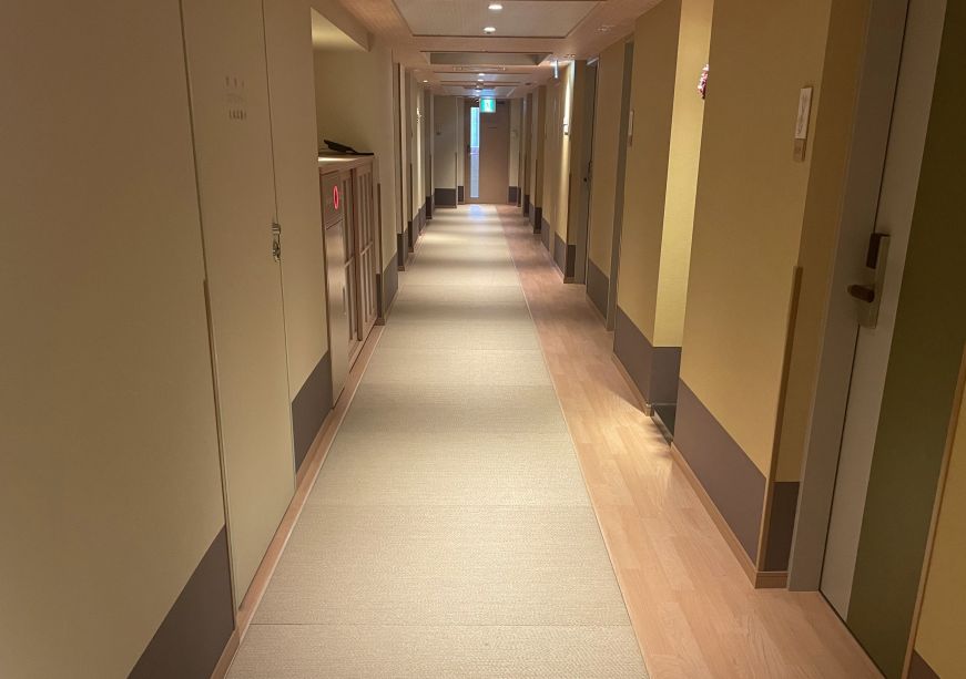 Tatami mats in the hallway at Onyado Nono Osaka Yodoyabashi Hallway with tatami mat flooring