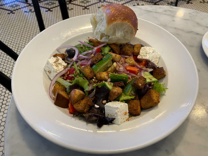 Fattoush salad, Tatte Bakery Fattoush salad with a dinner roll