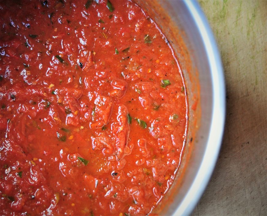 Close up of tomato sauce in a stock pot