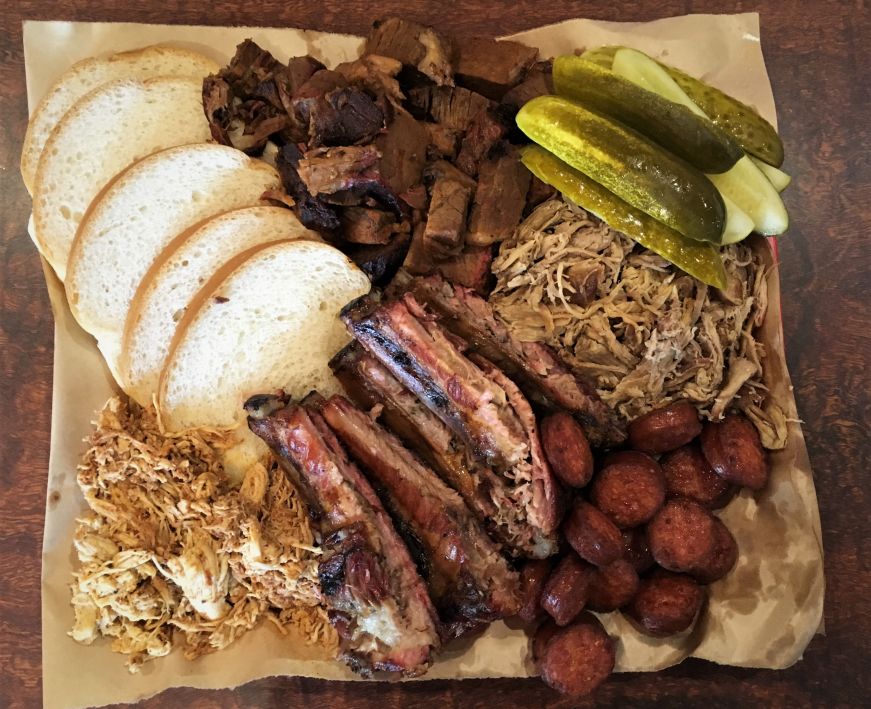 Tray of barbecue ribs, burnt ends, sausage, chicken, and pork at Rosedale Bar-B-Que, Kansas City, Kansas