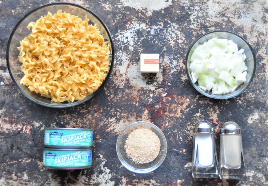 Tuna Noodle ingredients arranged on baking sheet