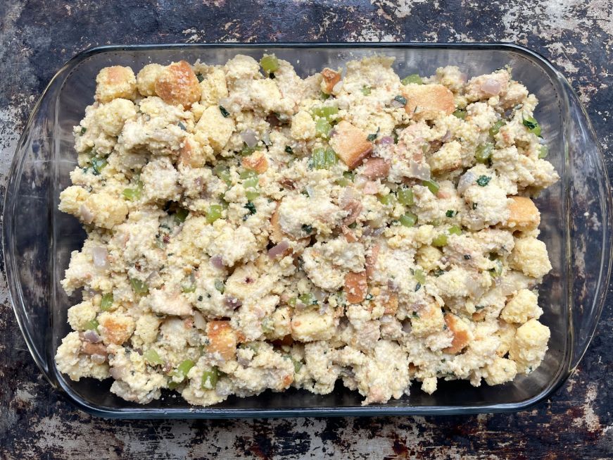 Top down view of unbaked two bread stuffing