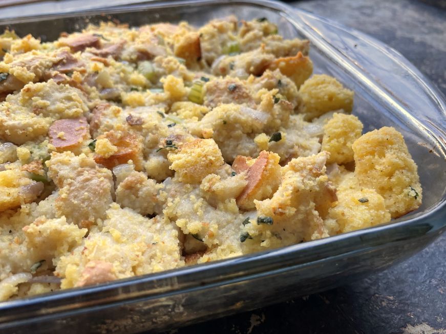 Close up of stuffing made with white bread and corn bread 
