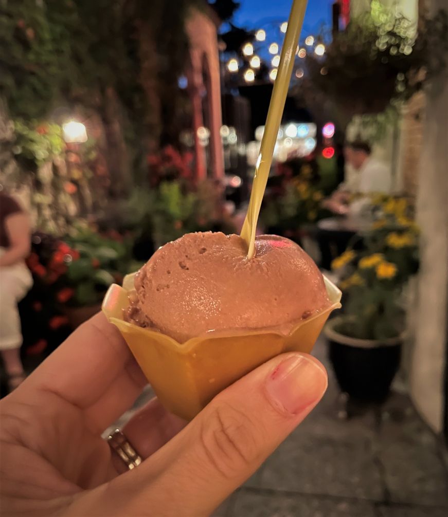 Stacy's hand holding a small cup of chocolate gelato