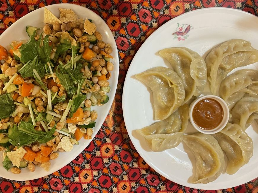 Badam sadheko and vegetable momo, Yak and Yeti Nepali Restaurant, Kyoto Peanut and herb salad and dumplings
