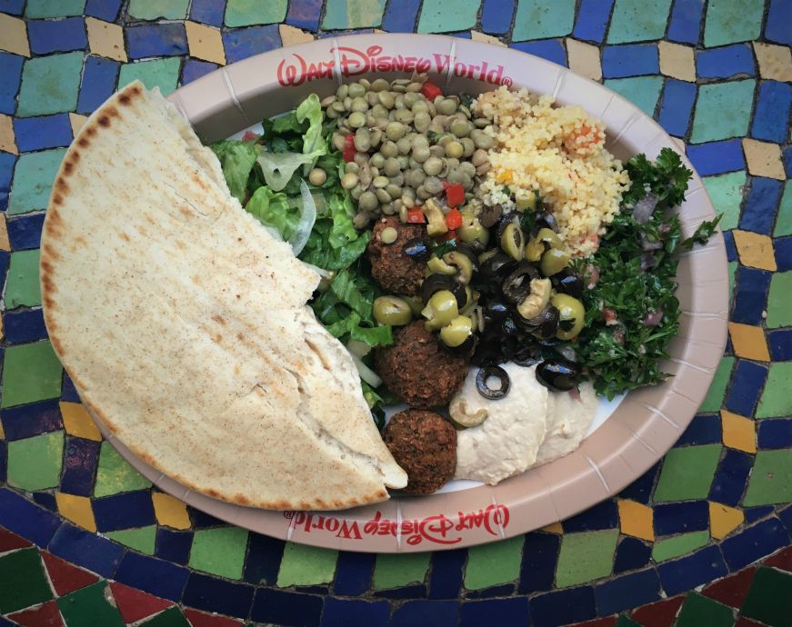 Vegetarian Platter, Tangierine Cafe, Morocco, Epcot Paper plate with pita, falafel, hummus, and salads, Tangierine Cafe, Morocco, Epcot