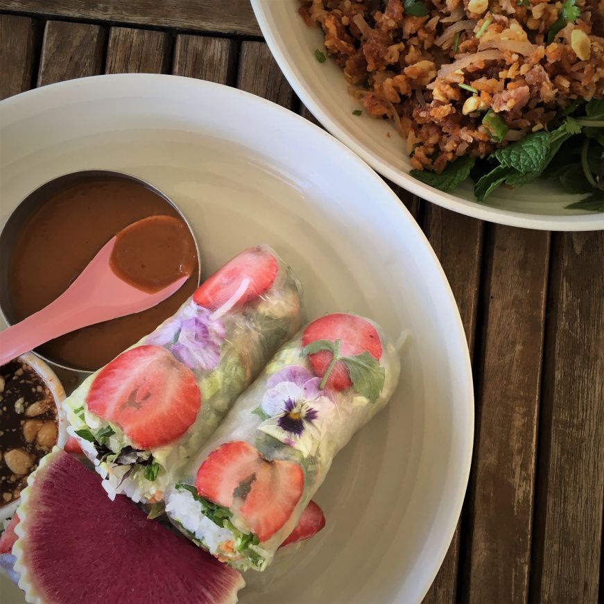 Vegetarian summer rolls and nam khao, Lat14 Asian Eatery Summer rolls with strawberries and edible flowers