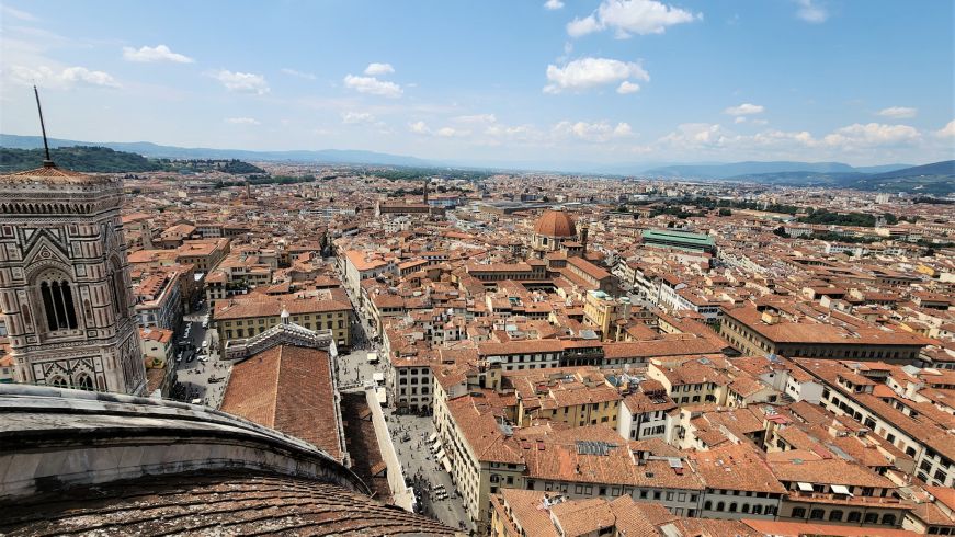 View of historic city center with red roofs