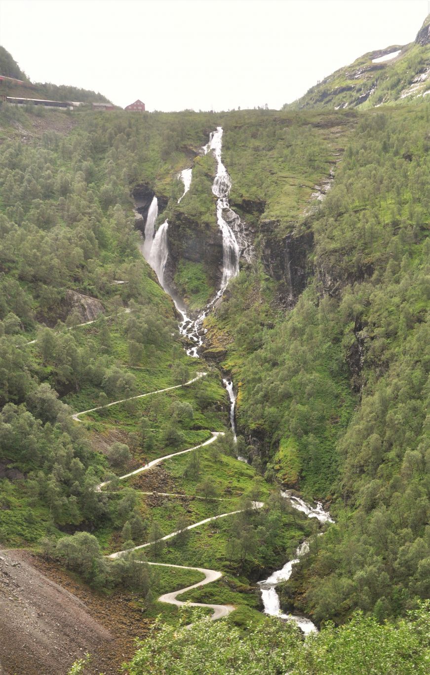 View of switchback road from the Flåmsbana Railway