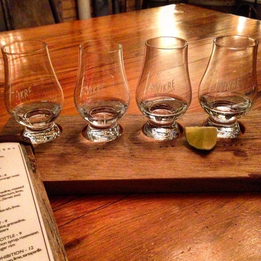 Flight of vodka, gin, and aquavit at Vikre Distillery