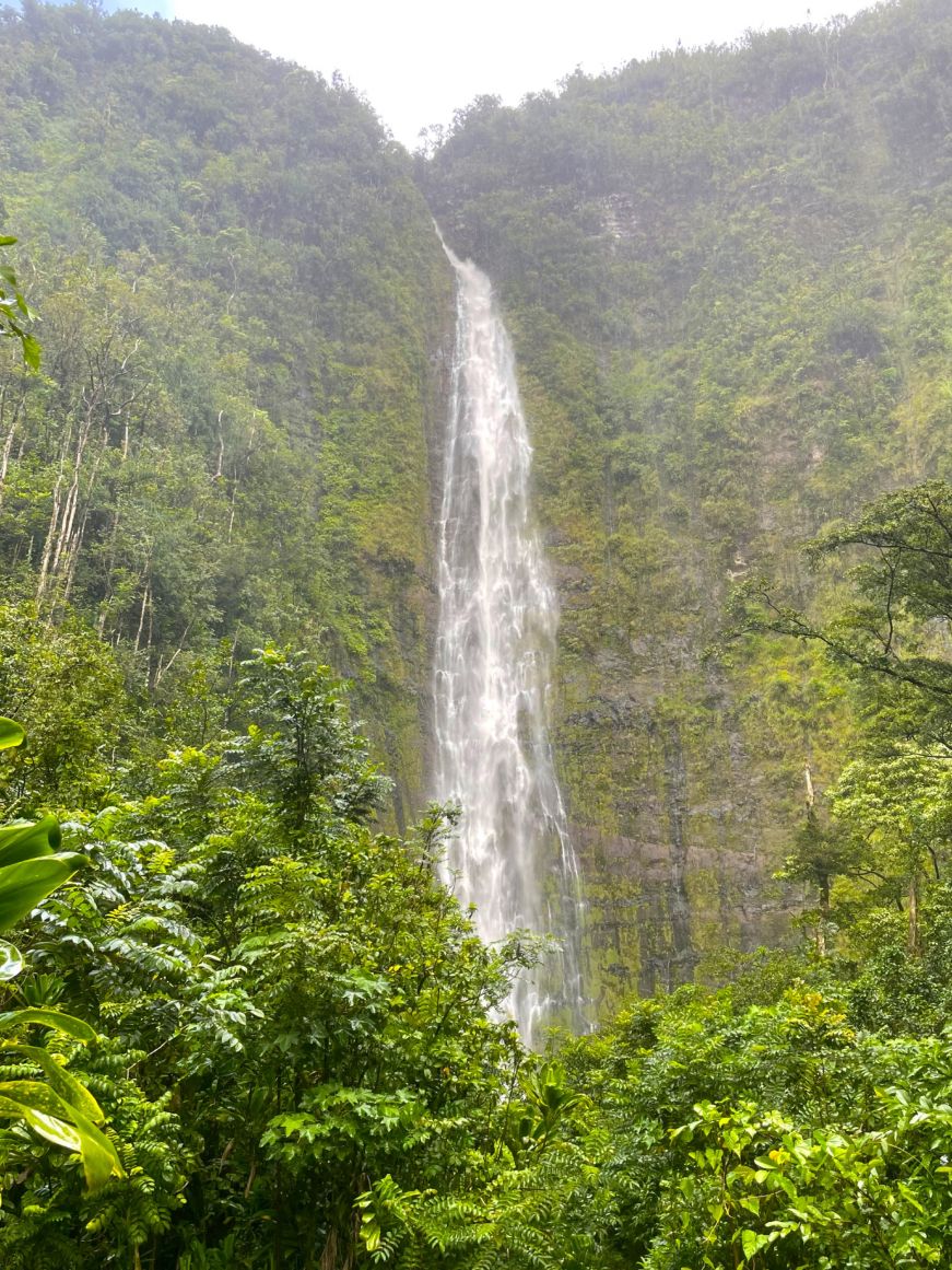 Waimoku Falls at Haleakalā National Park's Kīpahulu District Large waterfall tumbling down a cliff and surrounded by greenery