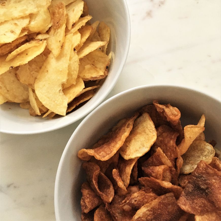 White truffle and dark russet potato chips, Trader Joe's Bowls filled with potato chips