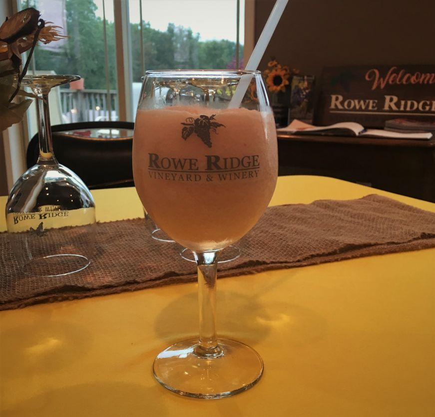 Wine glass filled with a pink slushie, Rowe Ridge Vineyard and Winery, Kansas City, Kansas