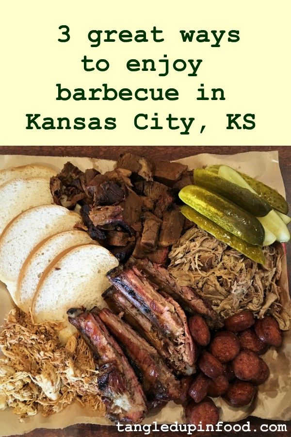 Plate of barbecued meat with the text "3 great was to enjoy barbecue in Kansas City, KS"